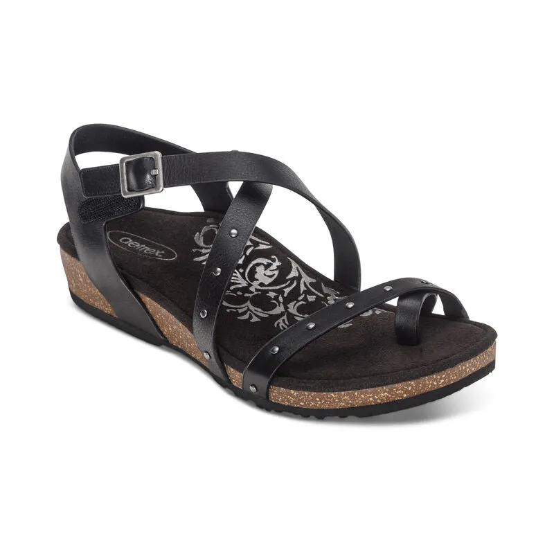 Aetrex Lauren Adjustable Cross Band Black Sandal SC580