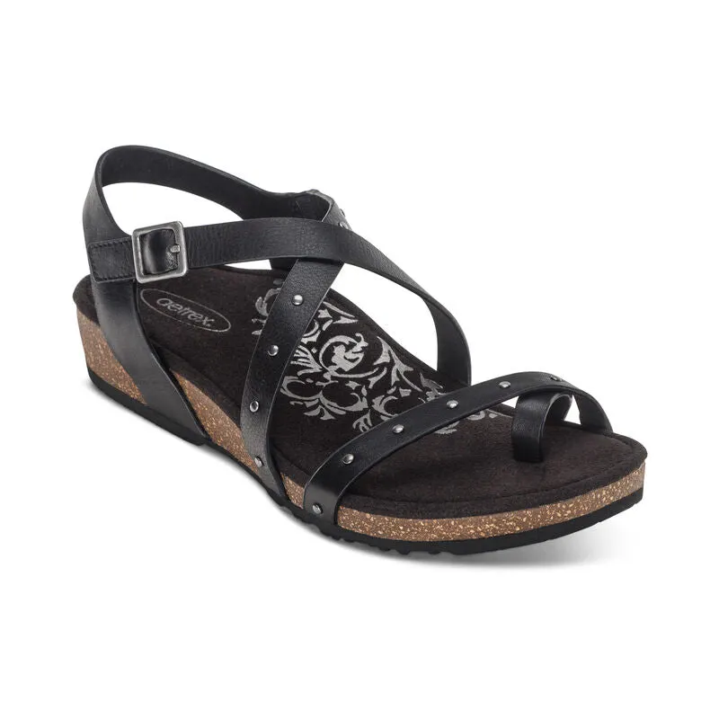 Aetrex Lauren Adjustable Cross Band Black Sandal SC580