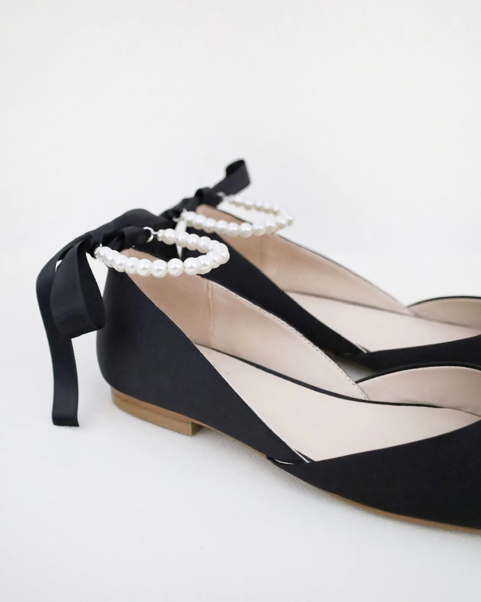 Black Satin Round Toe Evening Flat with All Pearl Ankle Strap
