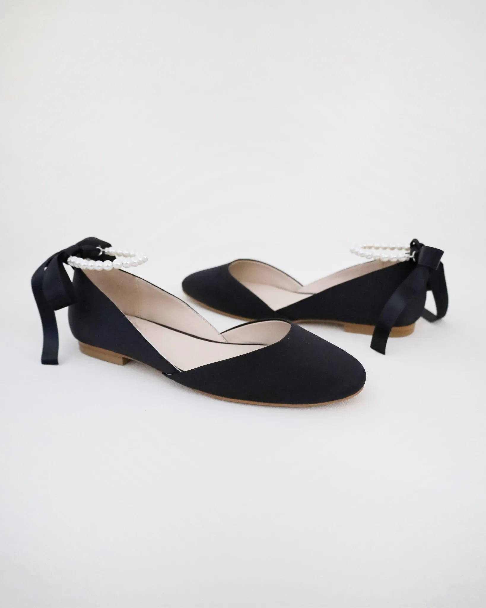 Black Satin Round Toe Evening Flat with All Pearl Ankle Strap