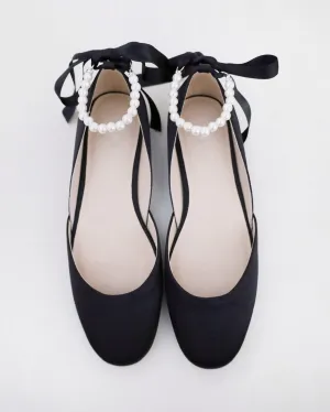 Black Satin Round Toe Evening Flat with All Pearl Ankle Strap