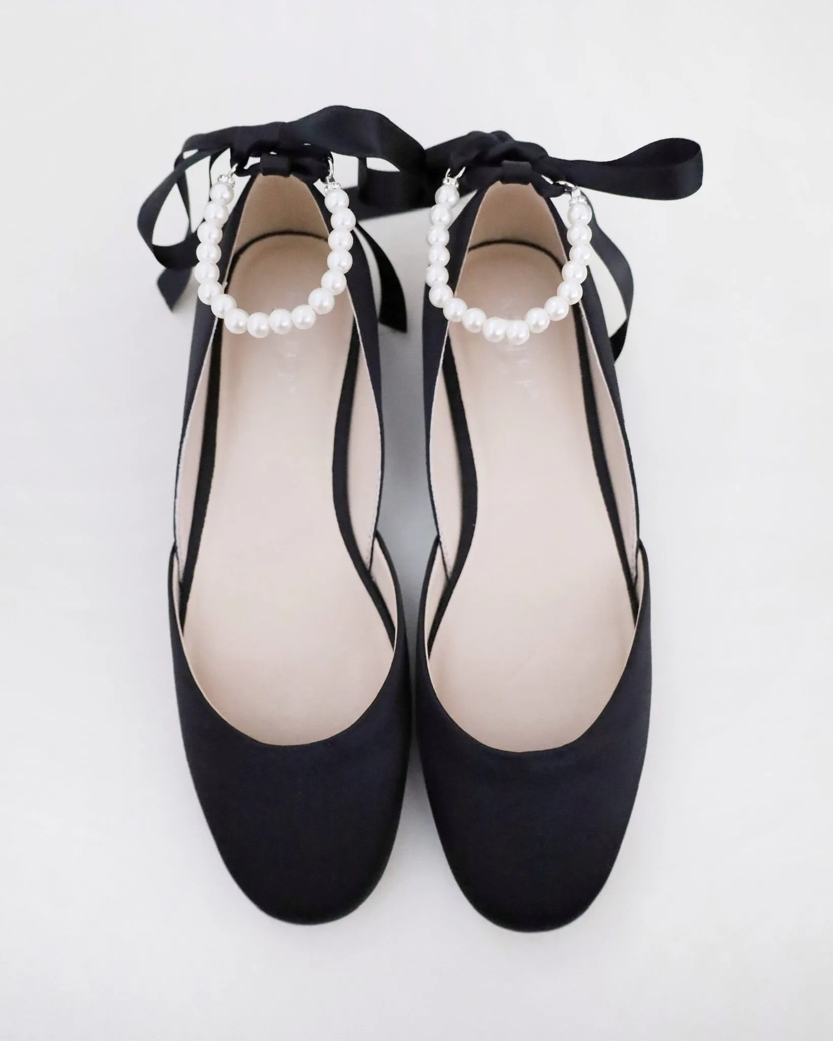 Black Satin Round Toe Evening Flat with All Pearl Ankle Strap