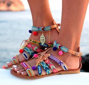 Chicvane Bohemia Lace Up Flat Sandals with Buckle