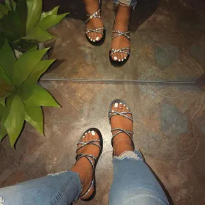 Chicvane Criss Cross Straps Flat Sandals with Rhinestone
