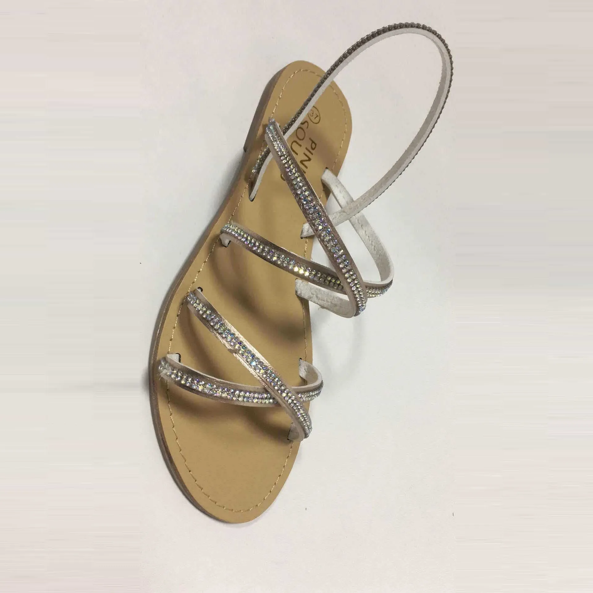 Chicvane Criss Cross Straps Flat Sandals with Rhinestone