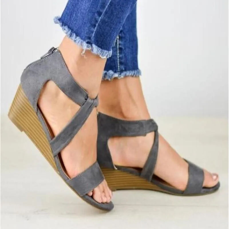 Chicvane Criss Cross Straps Wedge Sandals Zipper Closure Women Sandals