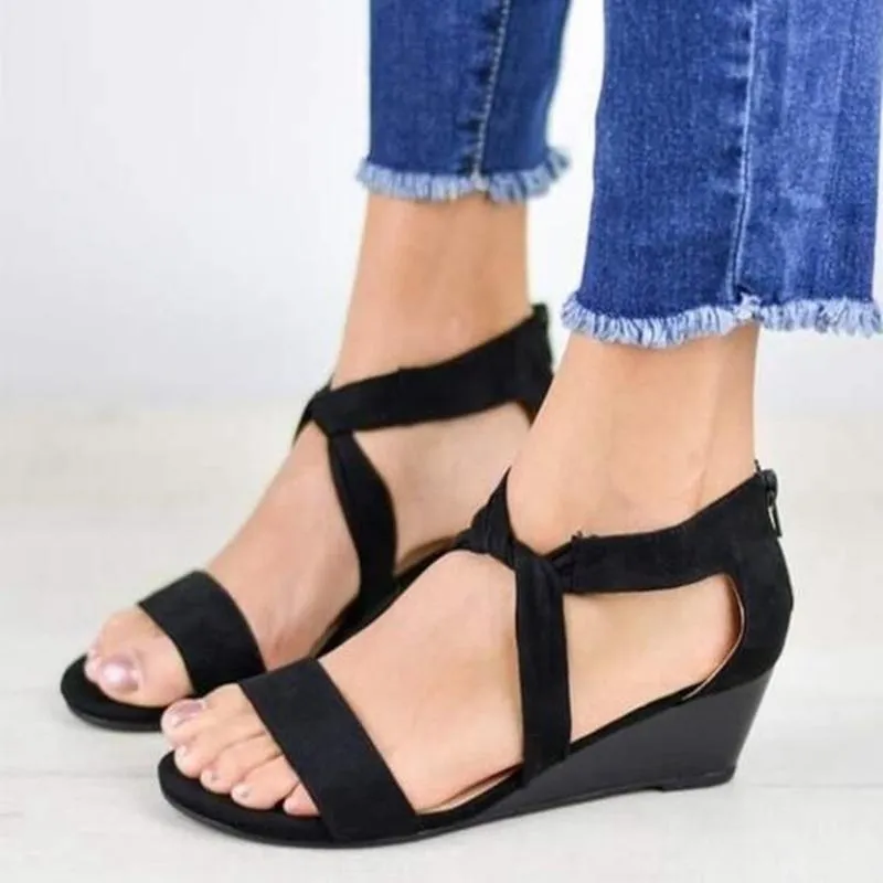 Chicvane Criss Cross Straps Wedge Sandals Zipper Closure Women Sandals