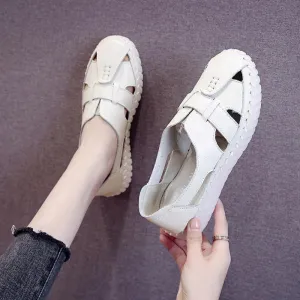 Chicvane Plus Size Leather Cut Out Closed Toe Flat Rome Sandals