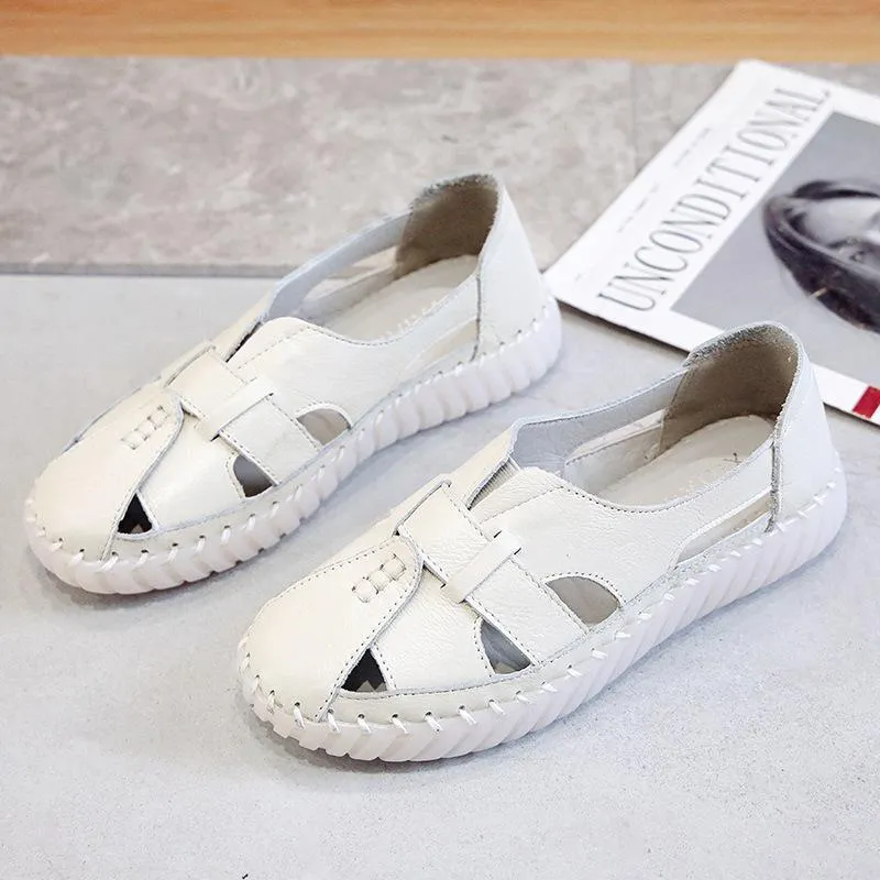 Chicvane Plus Size Leather Cut Out Closed Toe Flat Rome Sandals