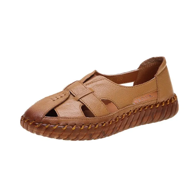Chicvane Plus Size Leather Cut Out Closed Toe Flat Rome Sandals