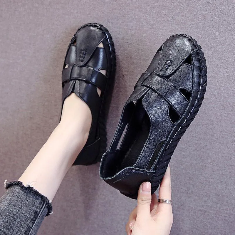 Chicvane Plus Size Leather Cut Out Closed Toe Flat Rome Sandals