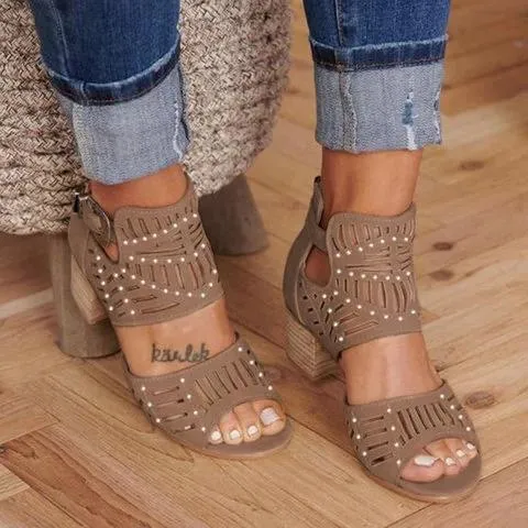 Chicvane Studded Adjustable Ankle Strap Gladiator Chunky Heel Sandals