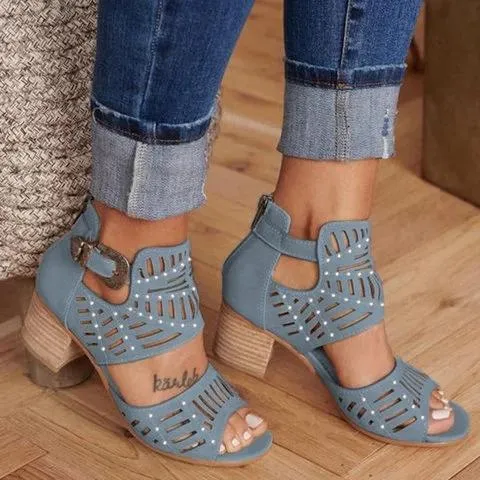 Chicvane Studded Adjustable Ankle Strap Gladiator Chunky Heel Sandals