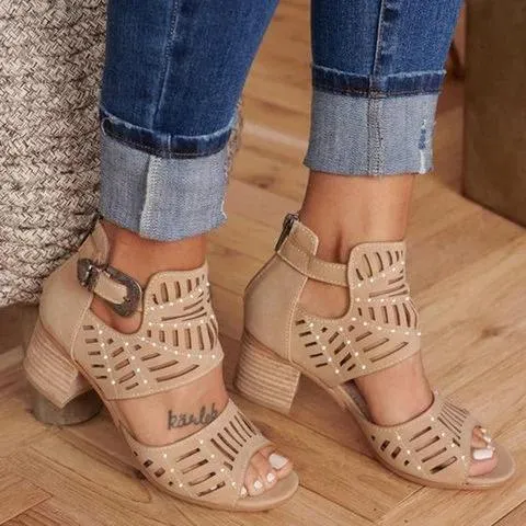 Chicvane Studded Adjustable Ankle Strap Gladiator Chunky Heel Sandals