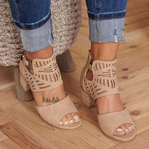 Chicvane Studded Adjustable Ankle Strap Gladiator Chunky Heel Sandals