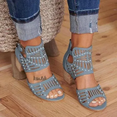 Chicvane Studded Adjustable Ankle Strap Gladiator Chunky Heel Sandals