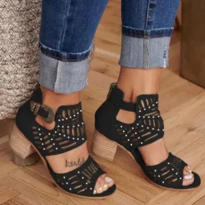 Chicvane Studded Adjustable Ankle Strap Gladiator Chunky Heel Sandals
