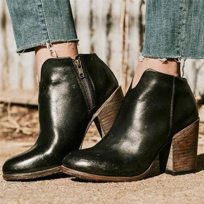 Chicvane Womens Round Toe Chunky Heel Zipper Closure Ankle Boots