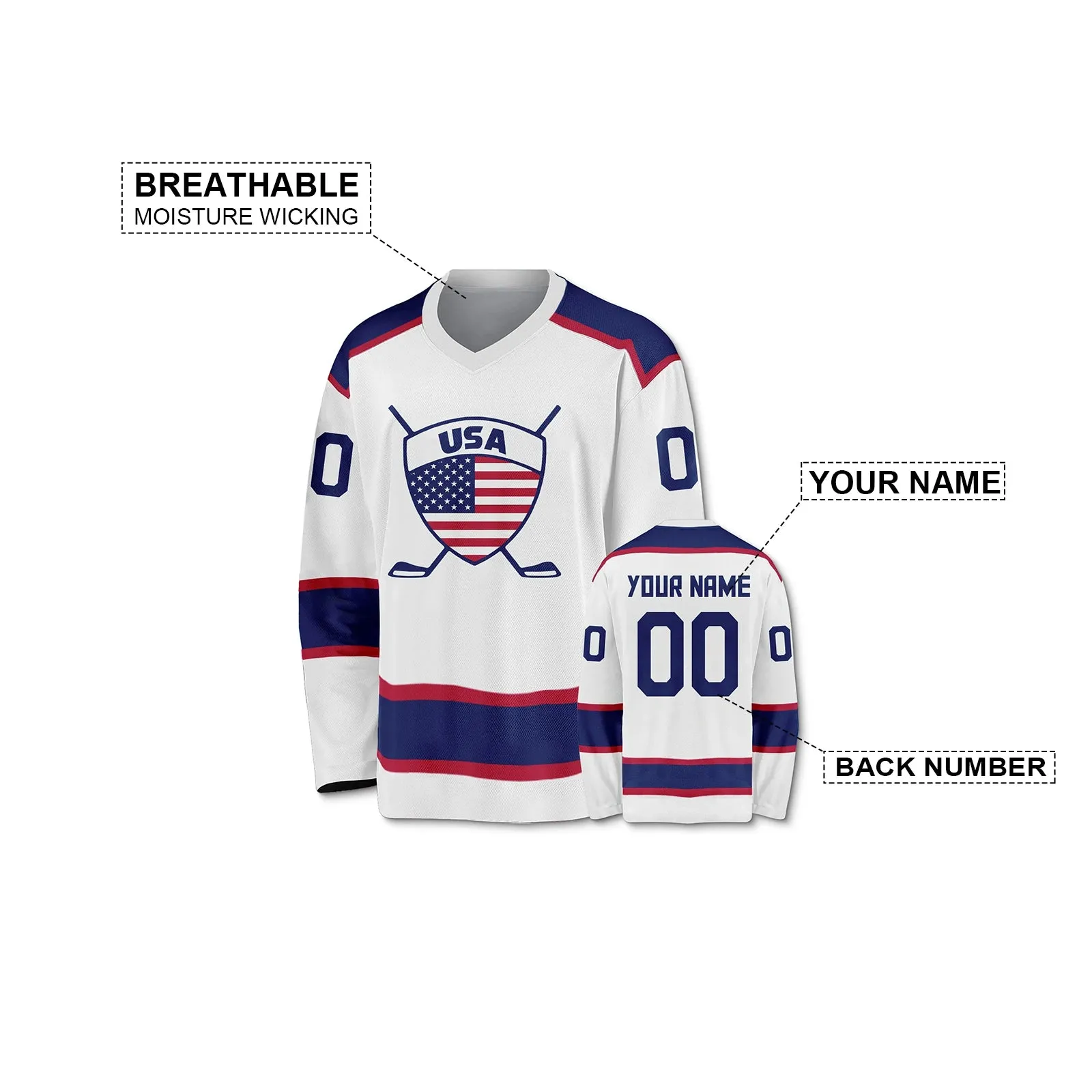 Customizable USA Hockey Jersey - Personalized Ice Hockey Uniform for Men, Women, and Kids - Fan Gear with Custom Name & Number