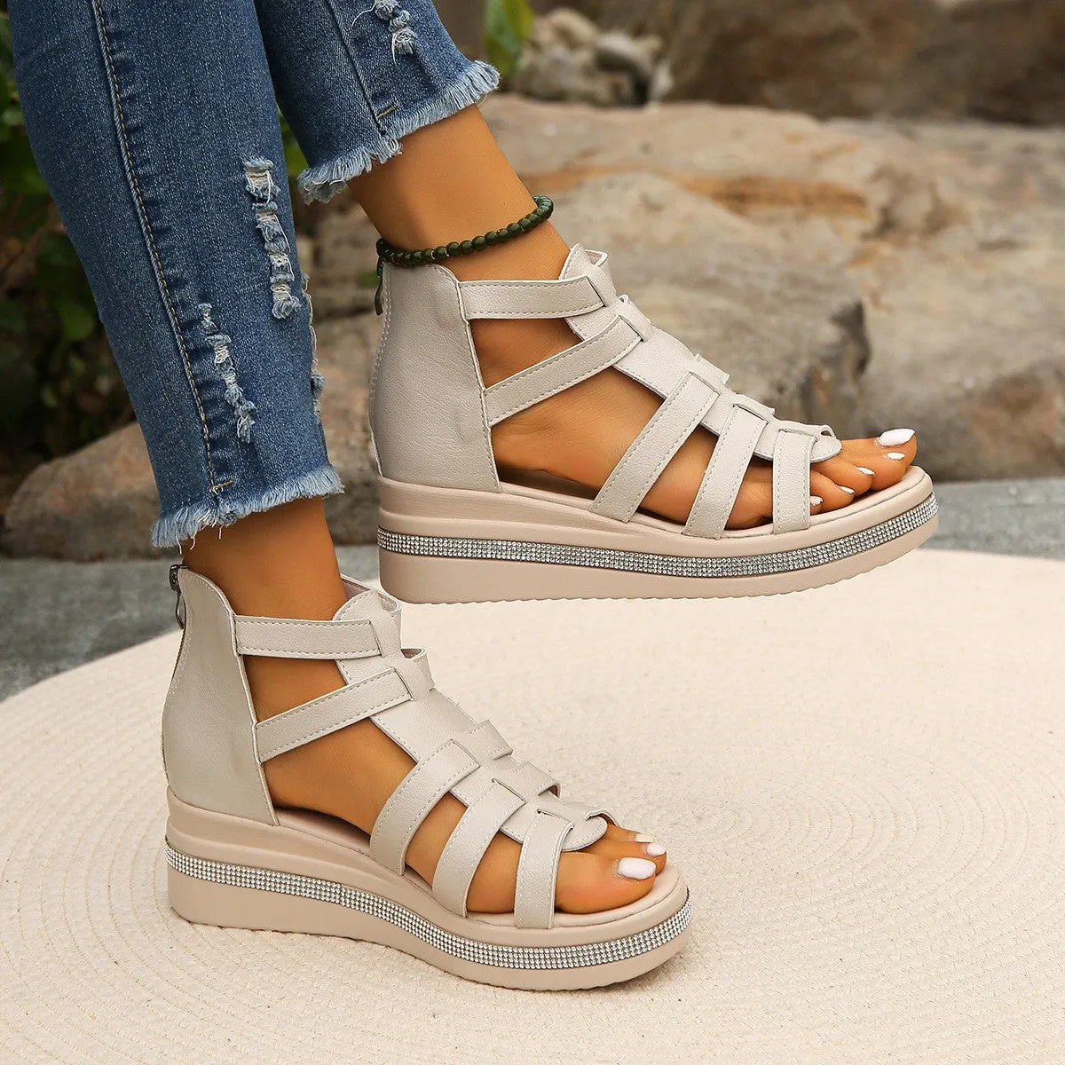 Gladiator Rhinestone Trim Wedge Sandals