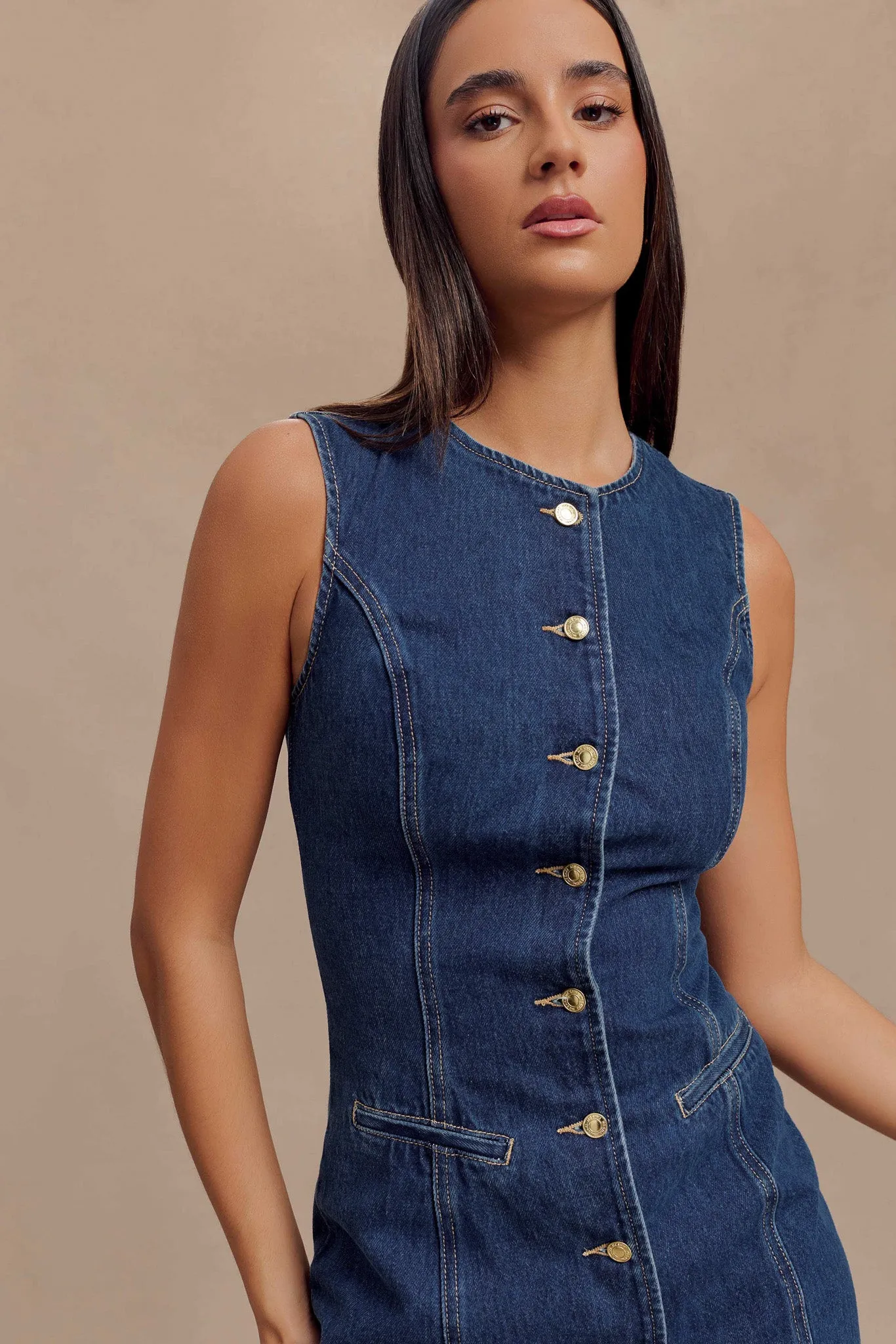 Jane Button Down Denim Mini Dress - Dark Blue