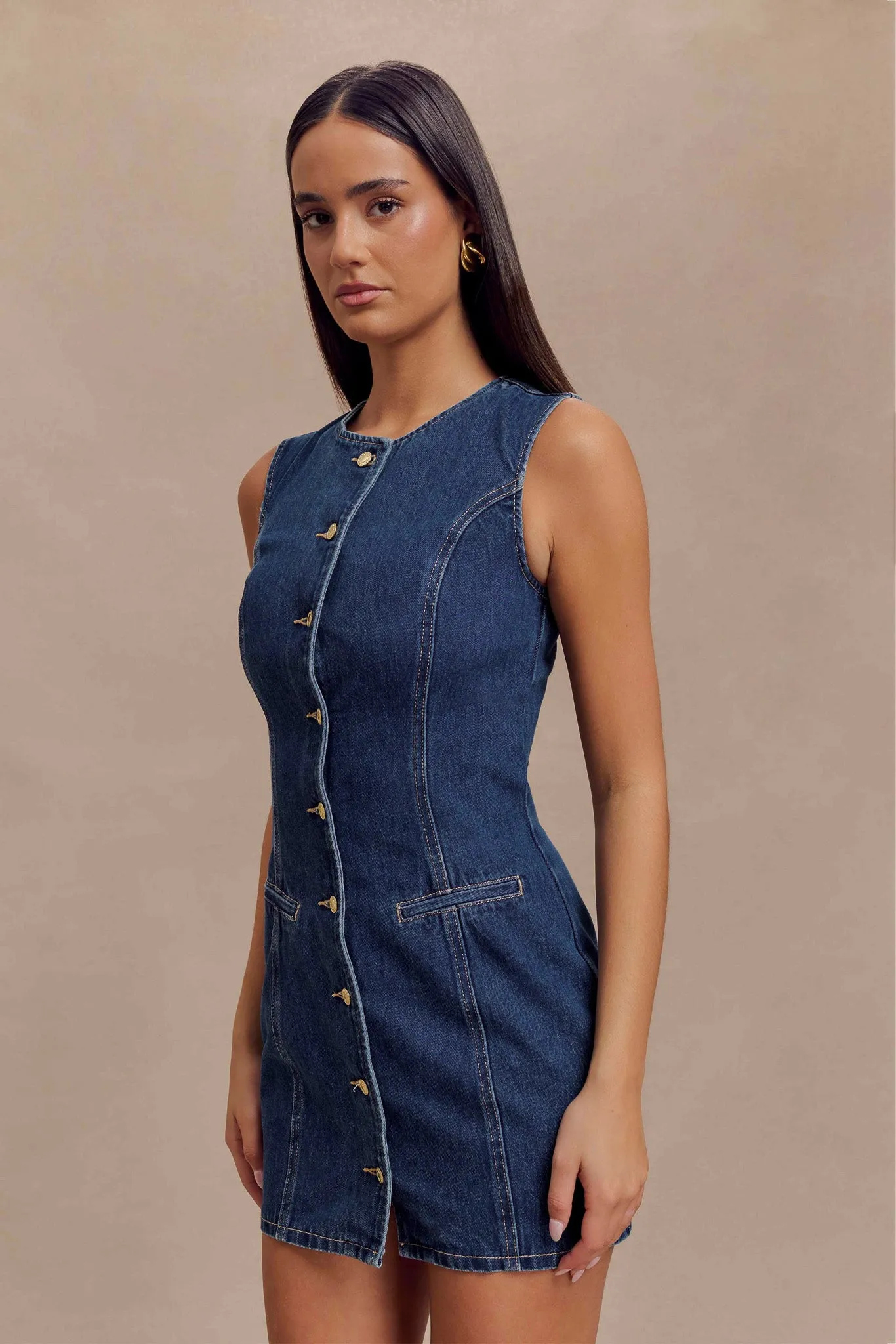 Jane Button Down Denim Mini Dress - Dark Blue
