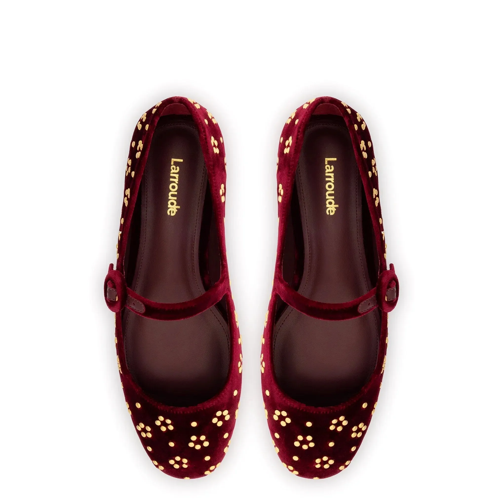 Larroude Blair Ballet Flat In Wine Velvet and Gold Studs