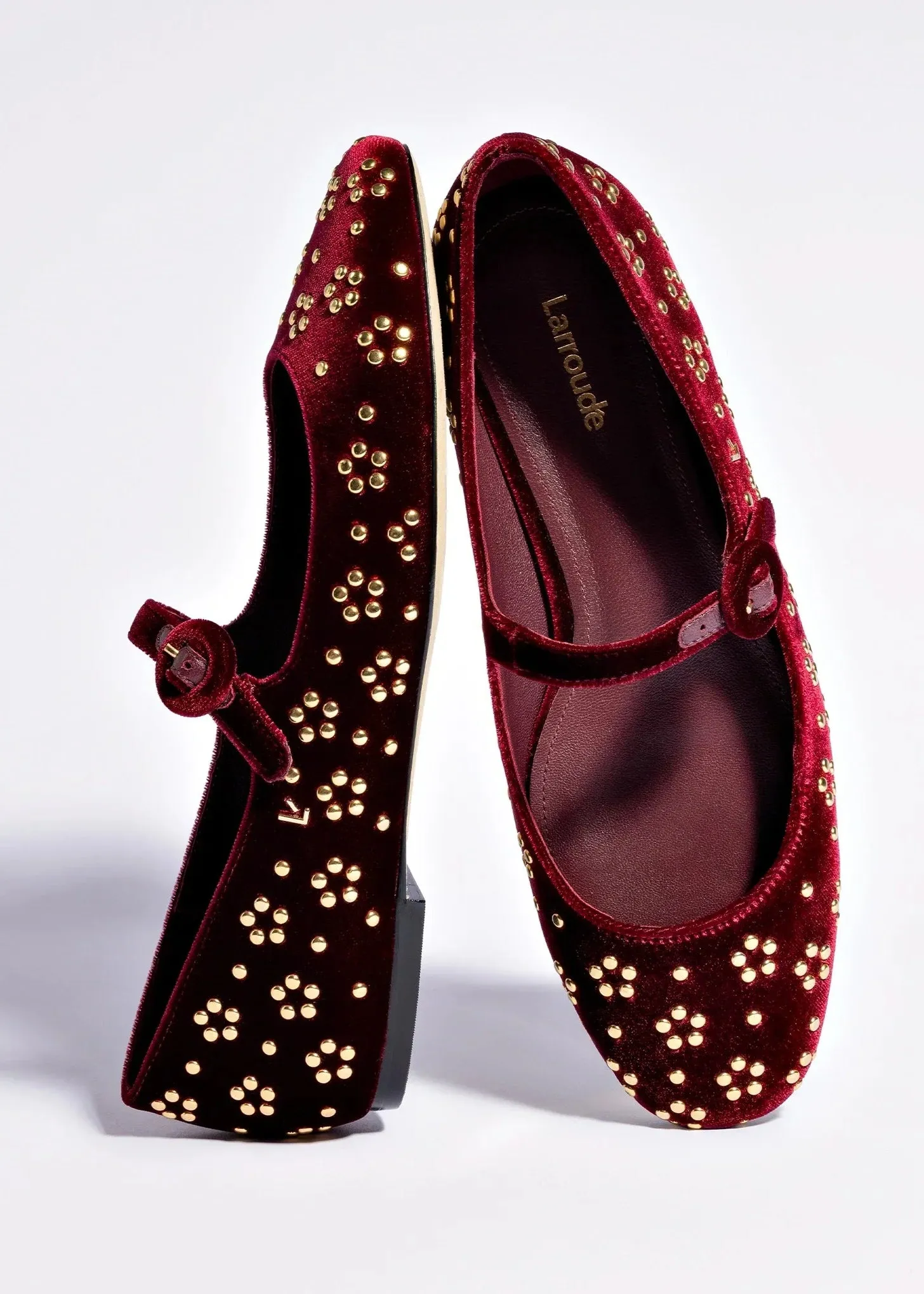 Larroude Blair Ballet Flat In Wine Velvet and Gold Studs