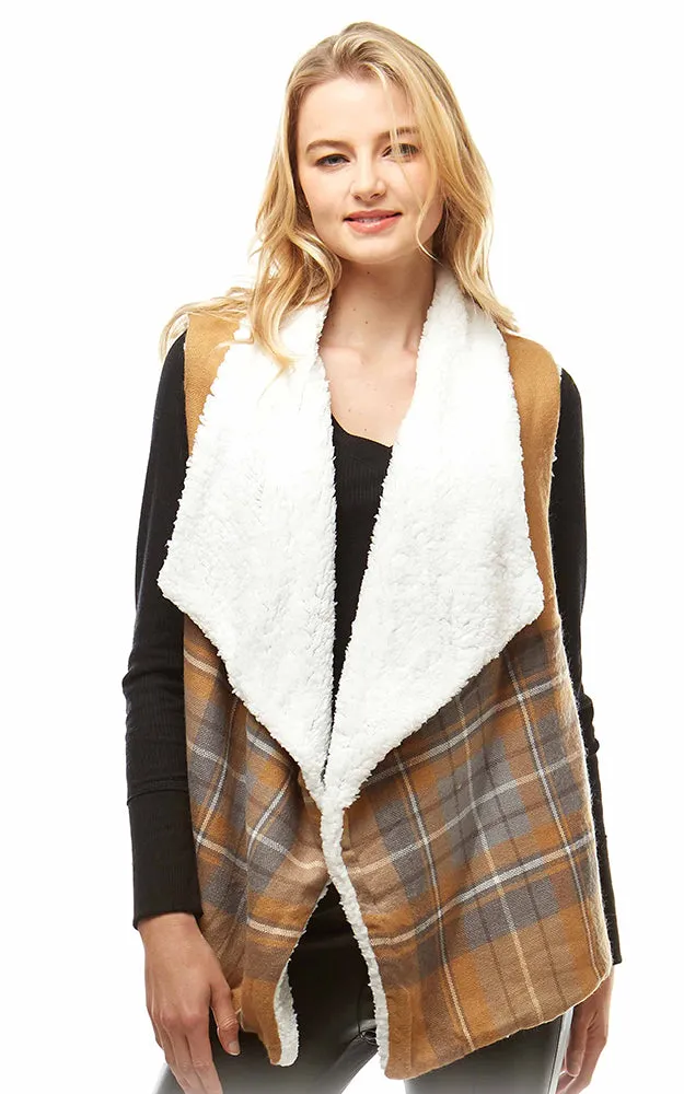 LOF948 Plaid Print Faux Fur Lining Vest