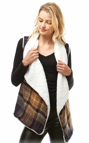 LOF948 Plaid Print Faux Fur Lining Vest