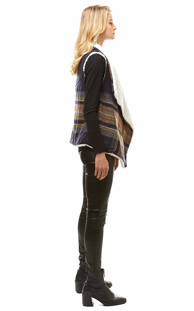 LOF948 Plaid Print Faux Fur Lining Vest