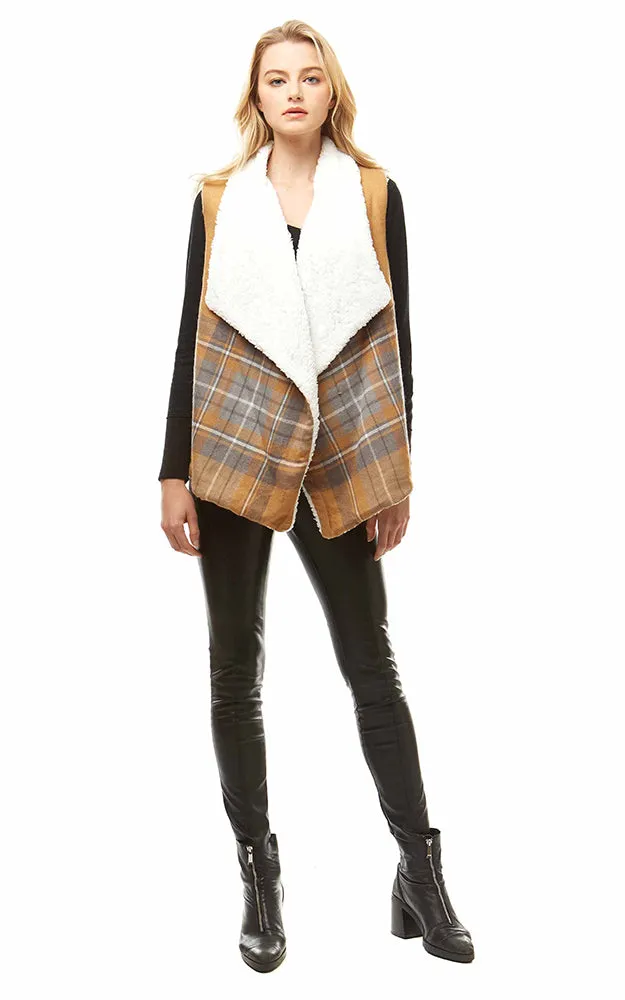LOF948 Plaid Print Faux Fur Lining Vest