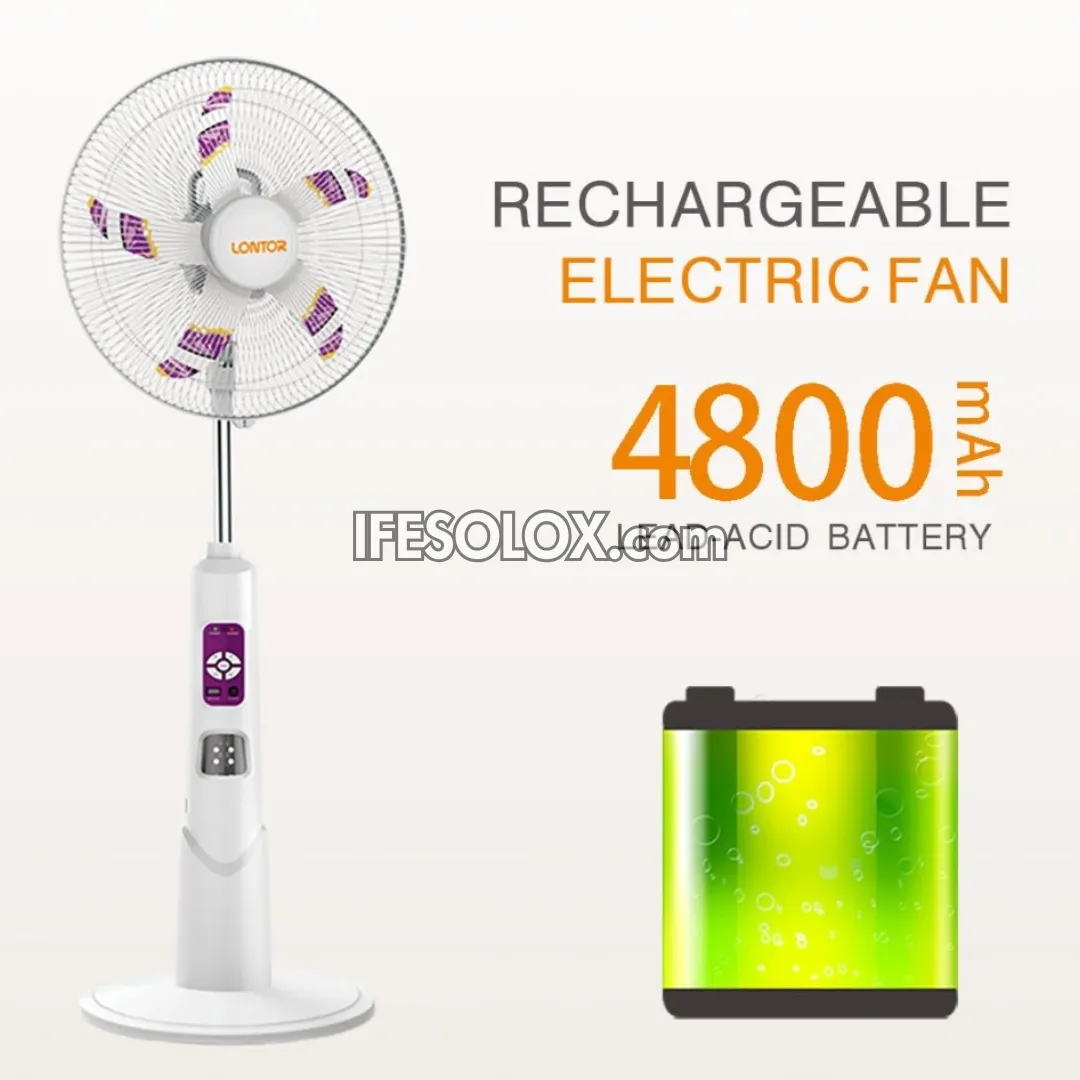 LONTOR 16" Rechargeable Standing Solar Fan with 5-Blades, Remote and Night Light (CTL-CF034R-16-C) - Brand New