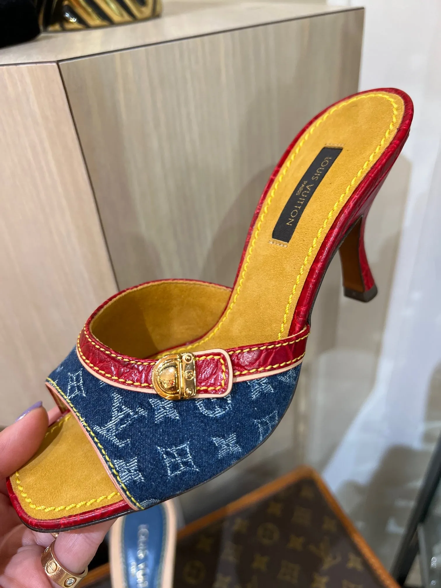 LOUIS VUITTON MONOGRAM DENIM AND LEATHER SLIDE MULES