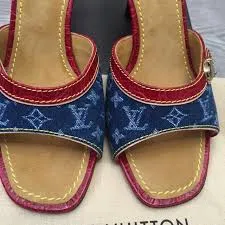 LOUIS VUITTON MONOGRAM DENIM AND LEATHER SLIDE MULES