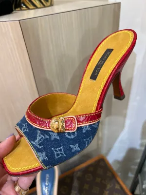 LOUIS VUITTON MONOGRAM DENIM AND LEATHER SLIDE MULES