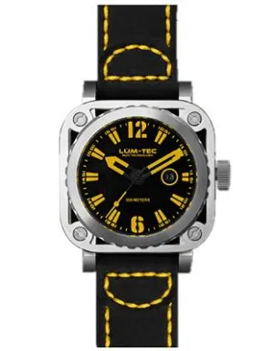 Lum-Tec G4 Mens - Stainless Steel - Yellow Accents - Leather - 200 Meters