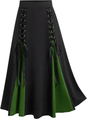 Maxi Skirts Women's Victorian Skirt Vintage A-Line Long Midi Skirt Lace Up Gothic Pleated Skirt Solid Long Skirts