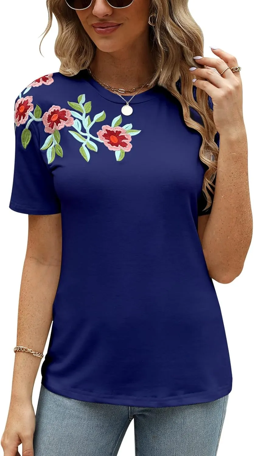 Mexican Shirts for Women Floral Embroidered Tops Short Sleeve Blouses Women's Traditional Fiesta Tees Tunic Peasant