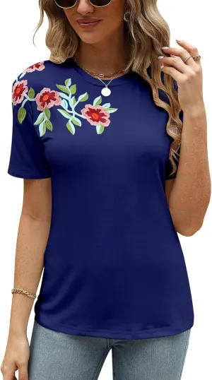 Mexican Shirts for Women Floral Embroidered Tops Short Sleeve Blouses Women's Traditional Fiesta Tees Tunic Peasant