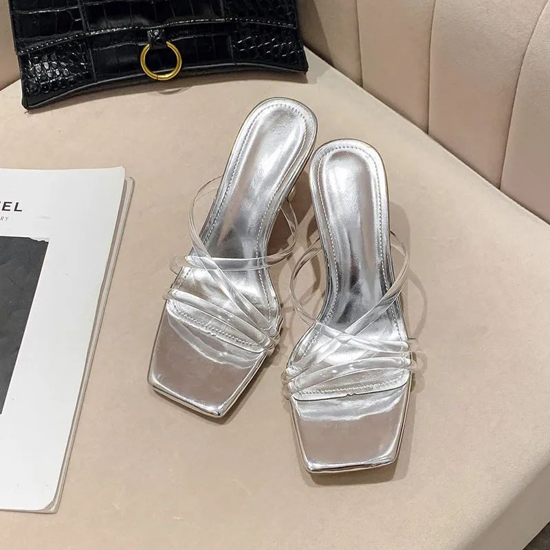Minimalist Transparent Cross-Strap Slides with Crystal Heels - Versatile Summer Sandals