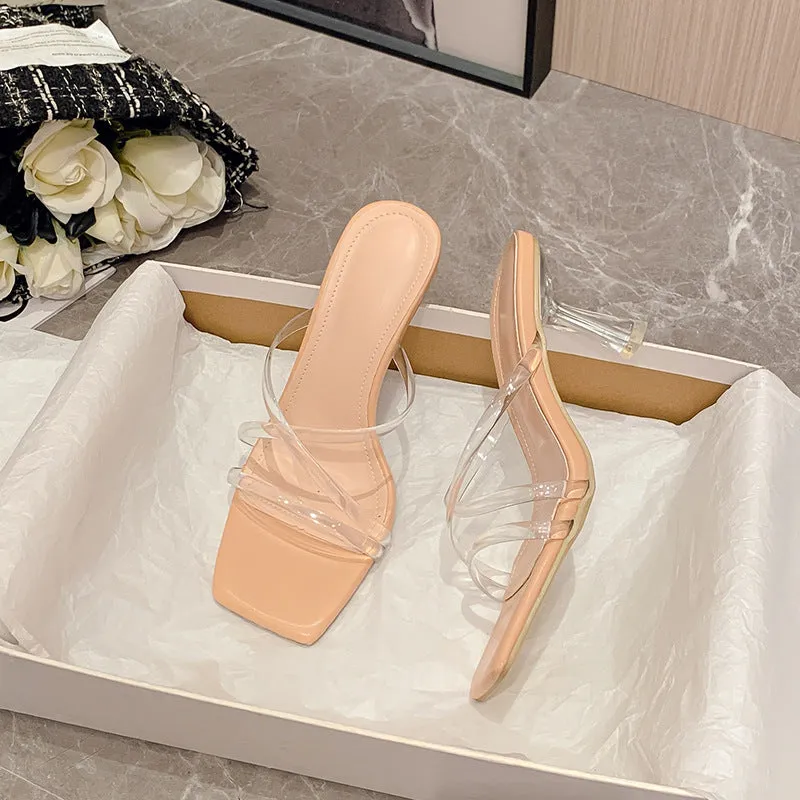 Minimalist Transparent Cross-Strap Slides with Crystal Heels - Versatile Summer Sandals