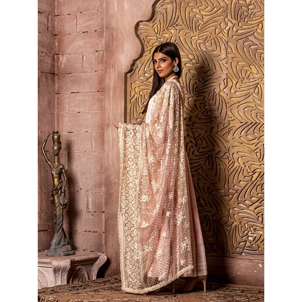 MONK & MEI Falak- Pink Long Anarkali Embroidered Dress and Pink Zari Dupatta (Set of 2)