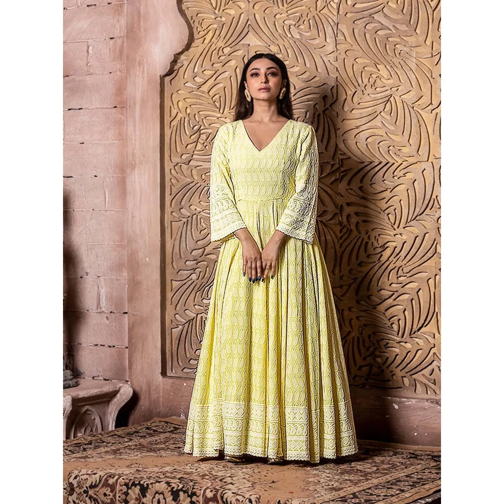 MONK & MEI Falak Yellow Embroidered Dress