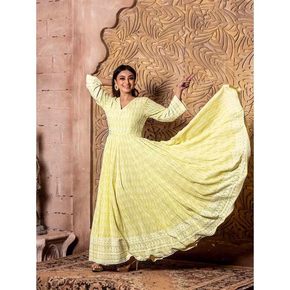MONK & MEI Falak Yellow Embroidered Dress