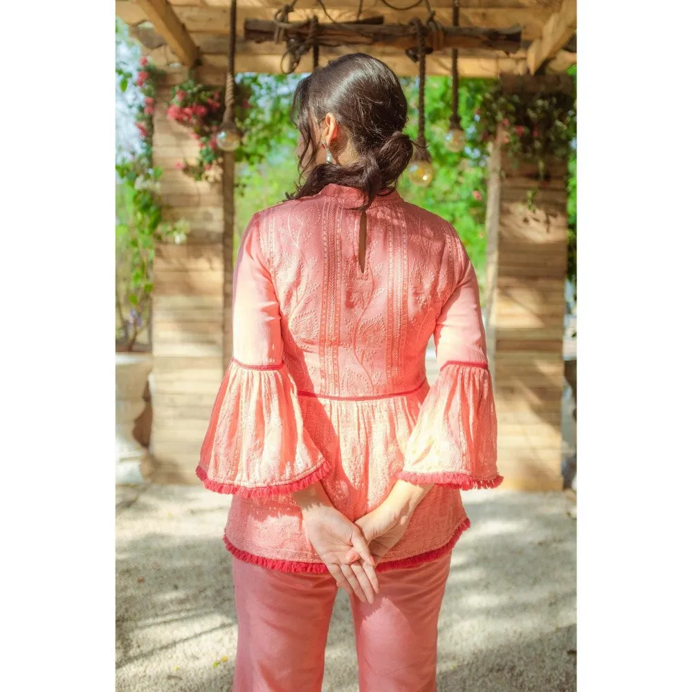 MONK & MEI Nazm Flared Chikankari Top Pants Peach Melon (Set of 2)
