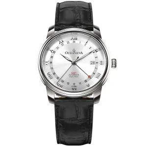 Oceaneva Men's OceanTrek GMT Automatic 200m Leather Watch Silver