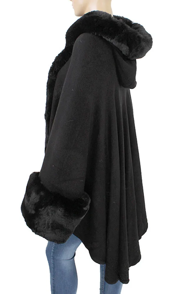 P1772 Faux Fur Trim Cape/Ruana w/Hood