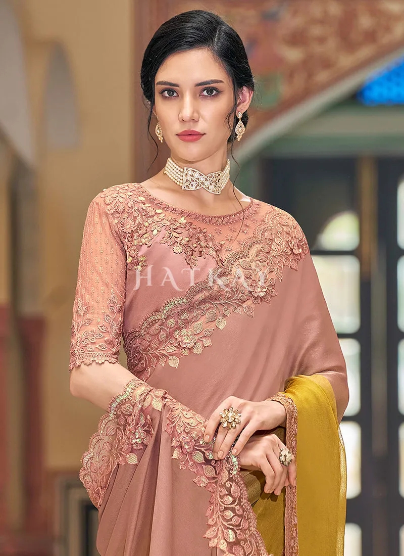 Peach And Yellow Sequence Embroidery Designer Silk Saree