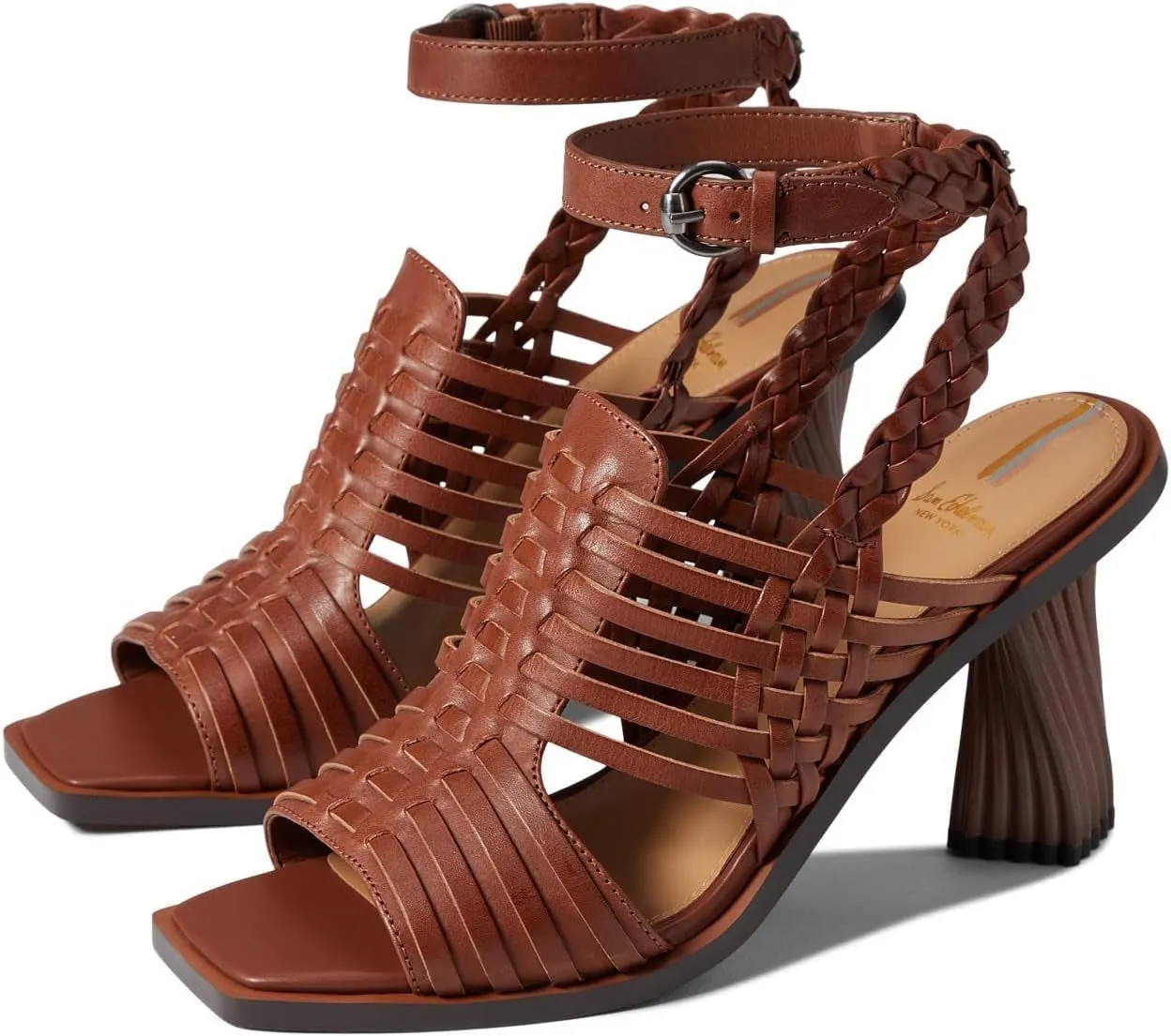 Sam Edelman Holland Dark Bourbon Woven Caged Ankle Strap Block Heeled Sandals